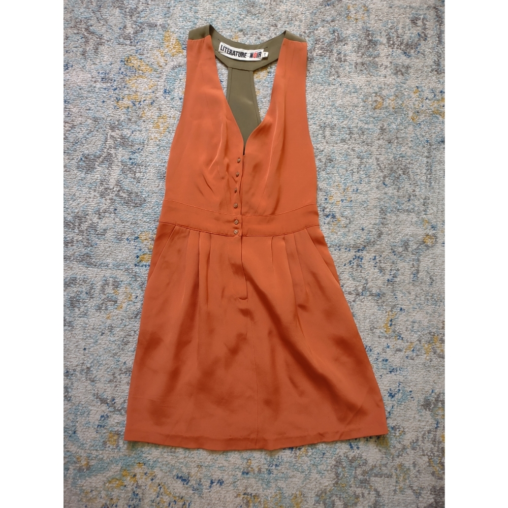 Literature Noir Orange Pleated Silk Dress XS